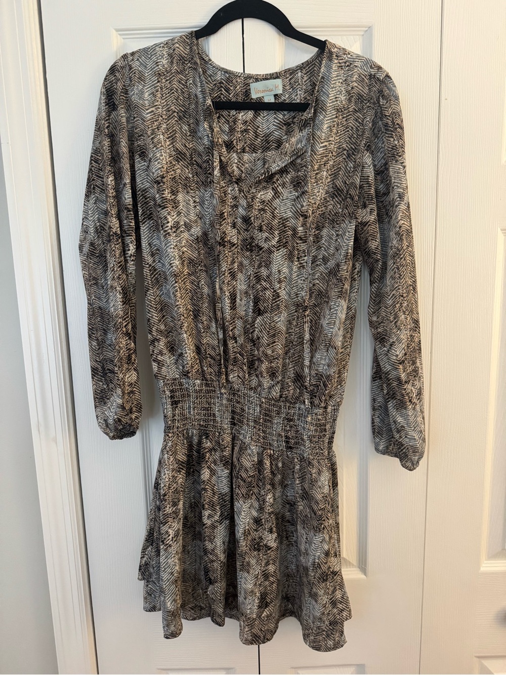 Veronica M Brown and Cream Long-Sleeve Smocked-Waist Mini Dress